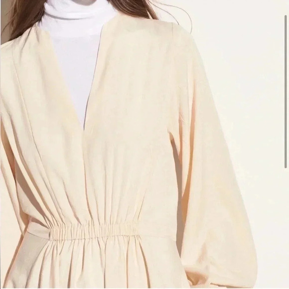 Vince Poet Long Sleeve Dress in Sandalwood Beige Textured Sheer Asymmetrical Hem - Picture 3 of 16